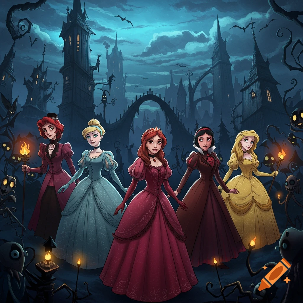 Five animated princesses in dark, elaborate gowns walk through a spooky, gothic city at night with glowing creatures, in a Tim Burton-esque style.