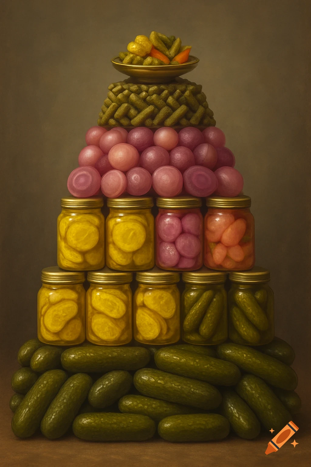 A large, five-tiered pyramid of various pickles and pickled vegetables, including whole cucumbers, jars of sliced pickles, pickled onions, and carrots.