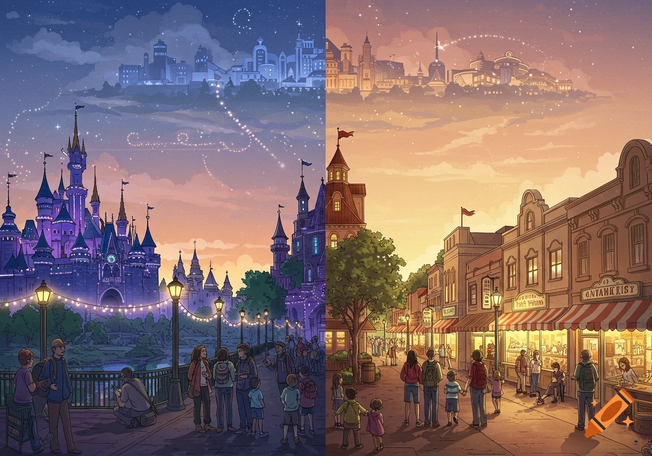 Whimsical illustration of a split scene: a magical purple castle theme park at night and a sunny historic street with shops and people.