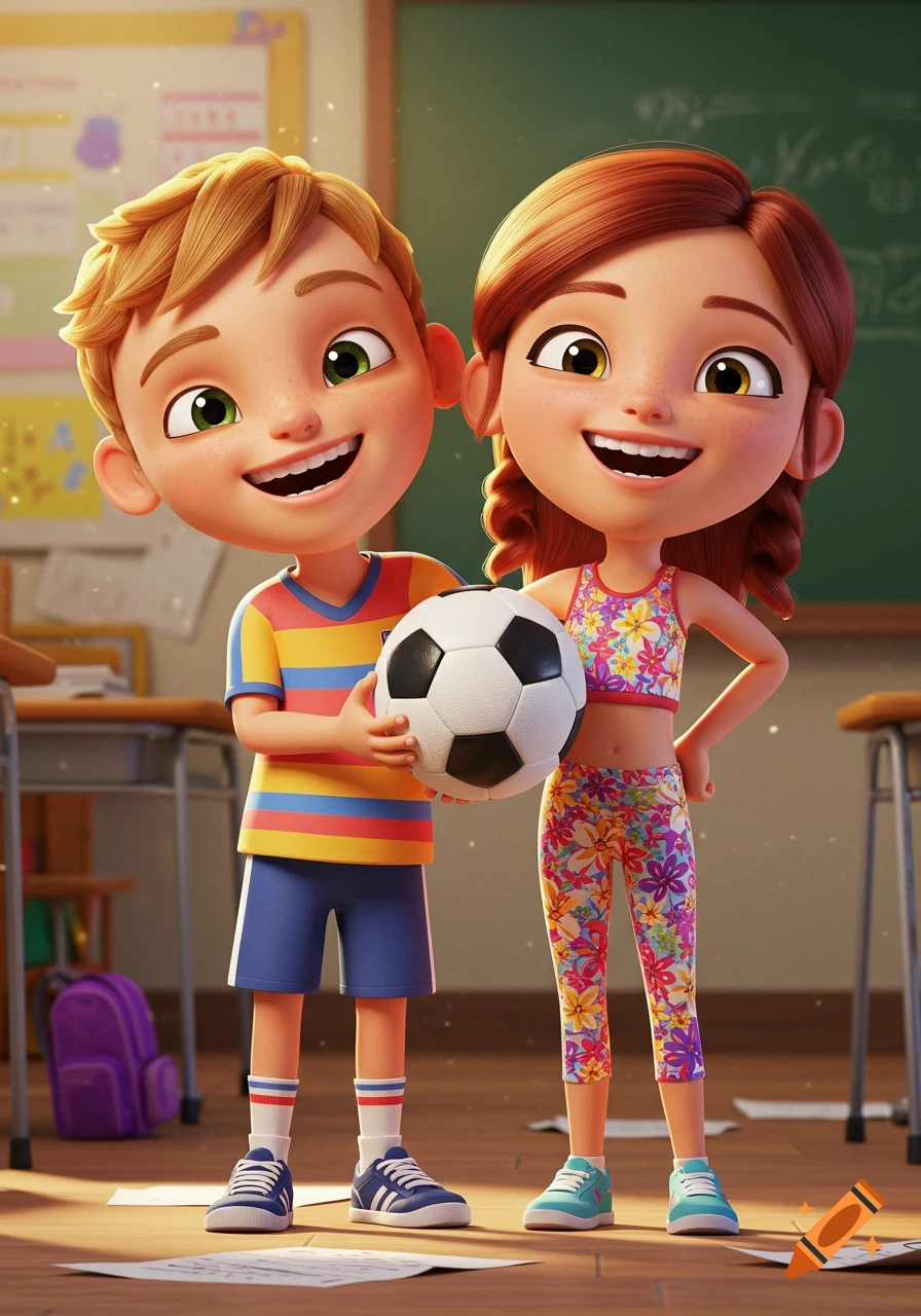 Cartoon boy and girl smiling, holding a soccer ball in a bright classroom.
