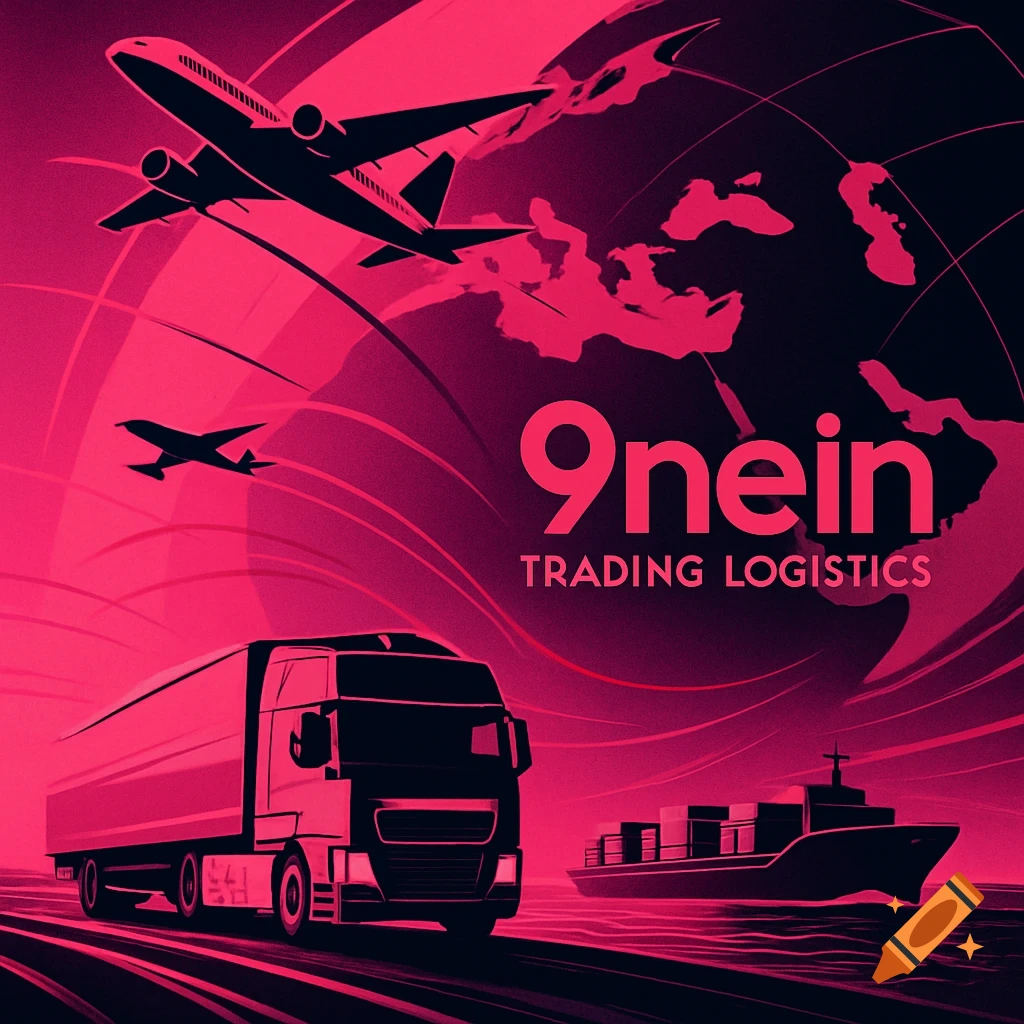 Pink and black illustration of a globe with an airplane, truck, and ship, with text '9nein TRADING LOGISTICS' and an abstract background.