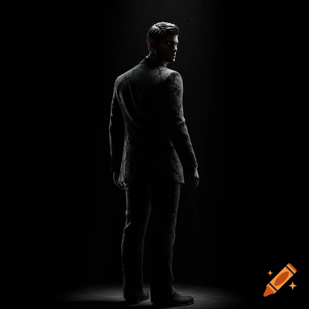 A dramatic image of a man in an intricately patterned suit, dimly lit from behind, looking over his shoulder in a dark background.