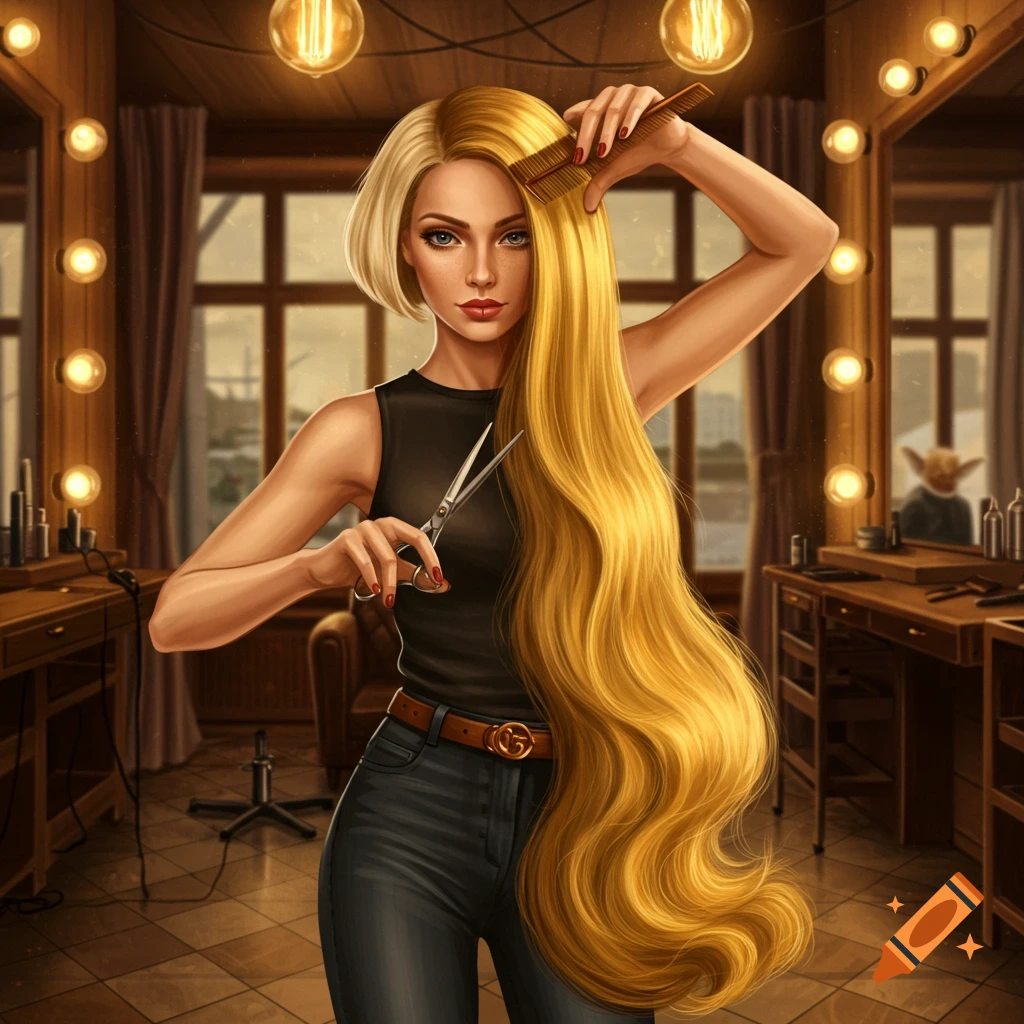 A stylized illustration of a woman with half short blonde hair and half extremely long blonde hair, cutting her hair with scissors in a salon setting.