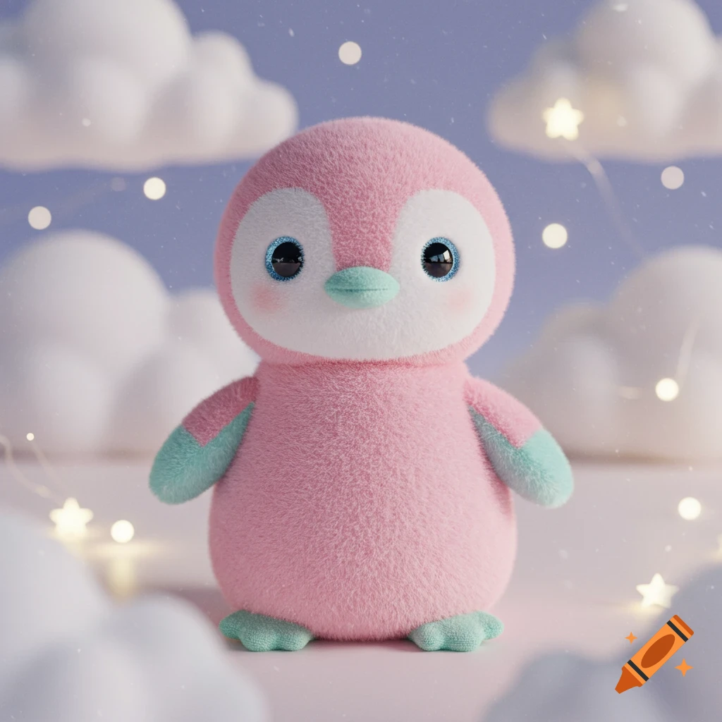 A fluffy pink and white penguin plushie with blue eyes stands among soft white clouds and glowing stars.