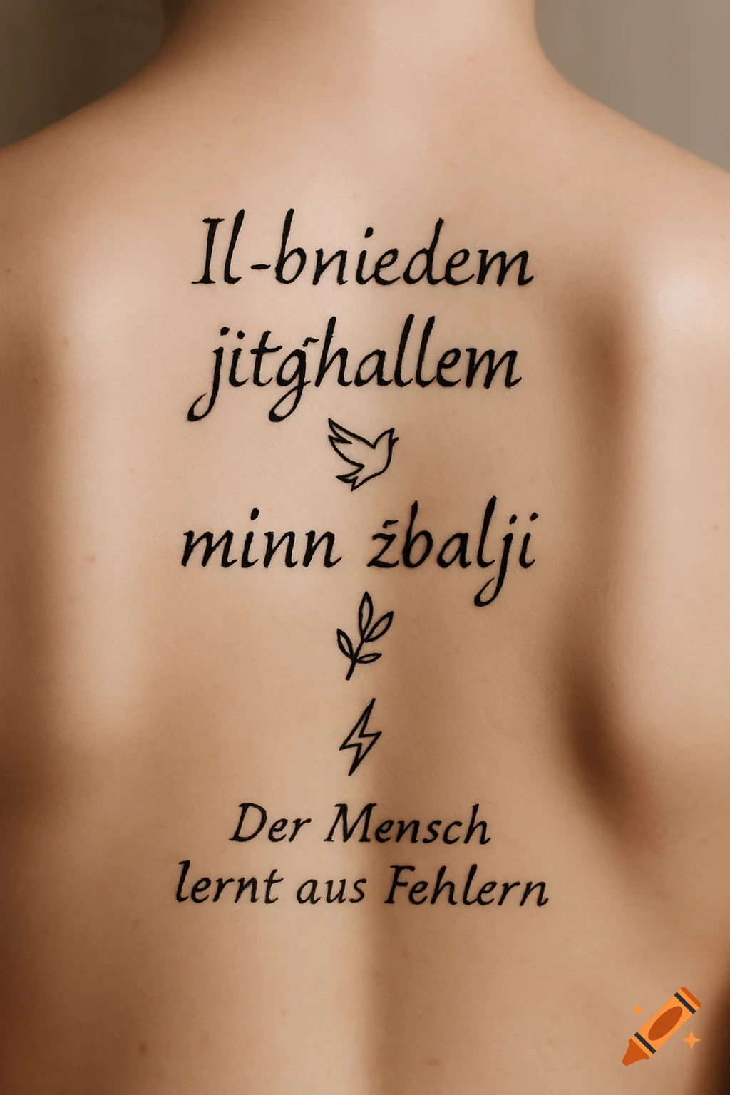 Close-up of a person's bare back with a black script tattoo featuring text in Maltese and German, and small symbols.