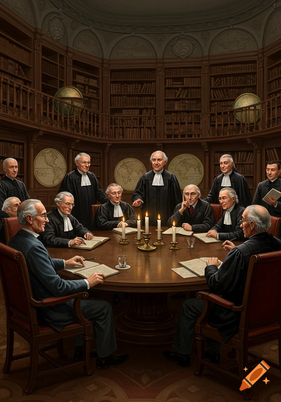 A group of elderly men in robes and suits gather around a large wooden table with candles and books in a grand, circular library.