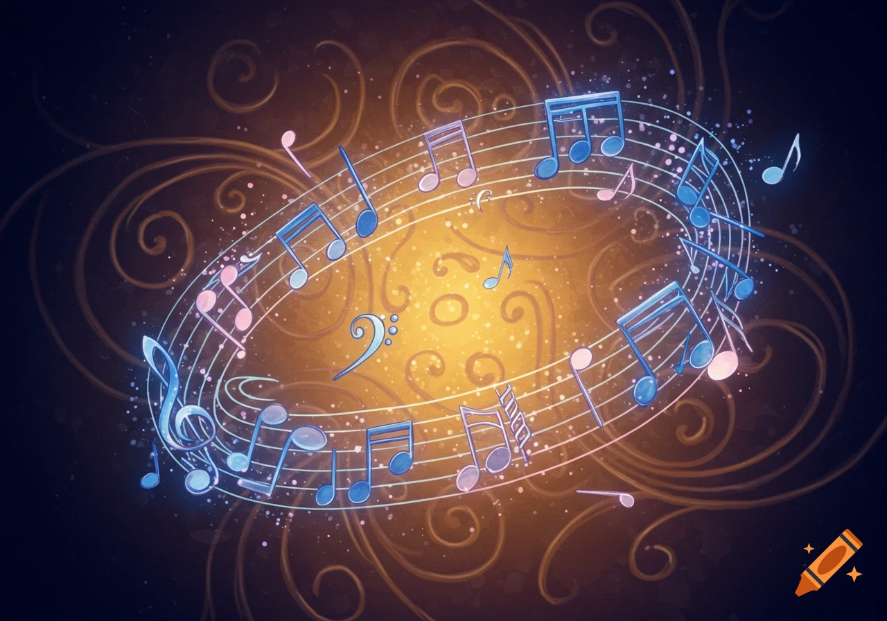 Blue and pink glowing musical notes and clefs swirl in an oval on a dark background with a golden, speckled center, in an illustrative style.