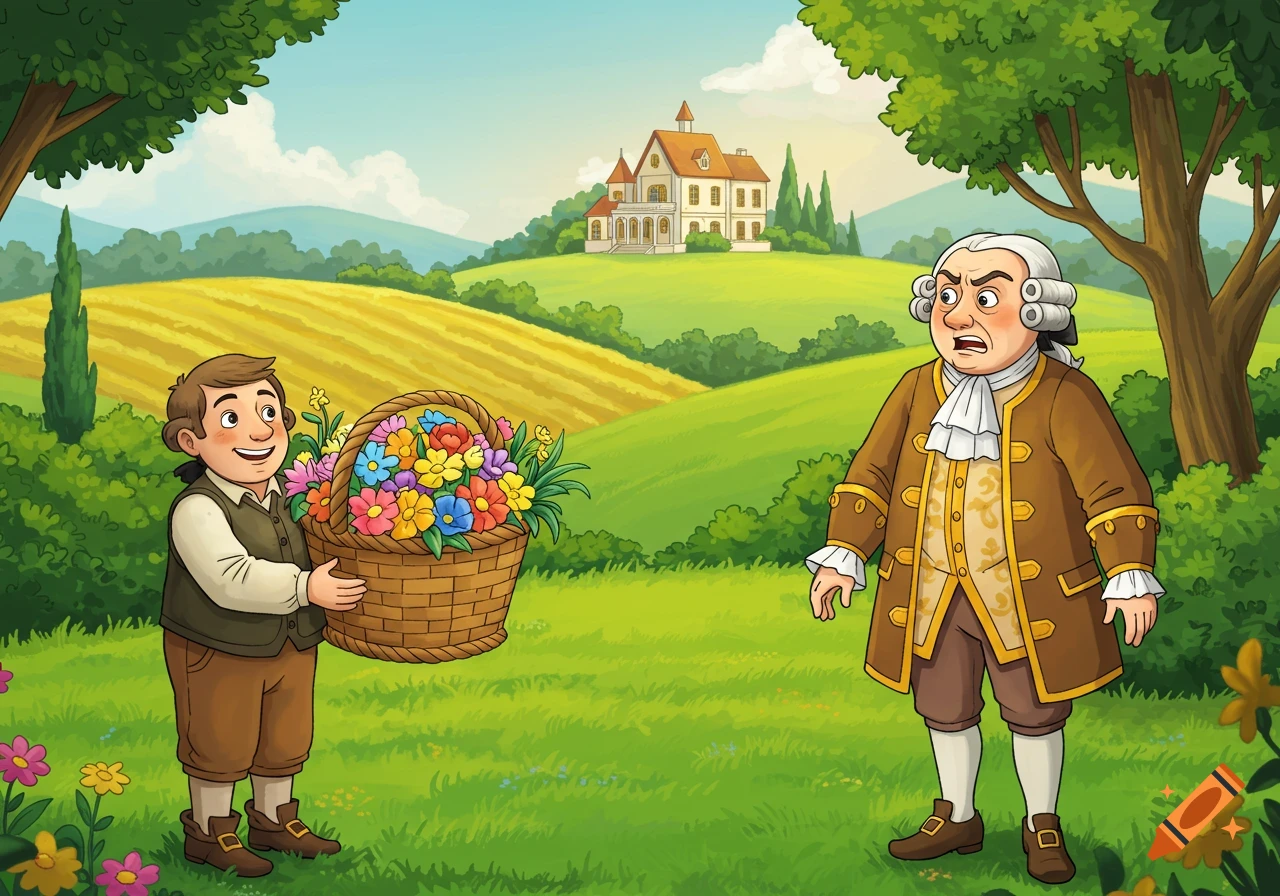 A smiling young man offers a large flower basket to a surprised older man in a picturesque fairytale landscape with a mansion.