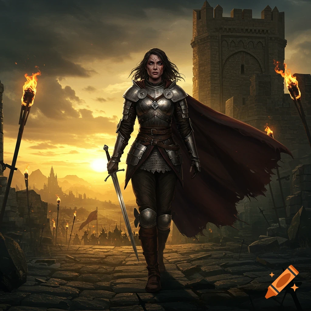 A resolute female warrior in detailed silver and leather armor, holding a sword, walks across a battle-scarred path towards a distant castle at sunset, with torches ablaze.