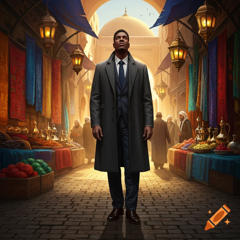A Black man in a suit and long coat stands in a sunlit, bustling Middle Eastern market street with colorful stalls, lanterns, and arched architecture.