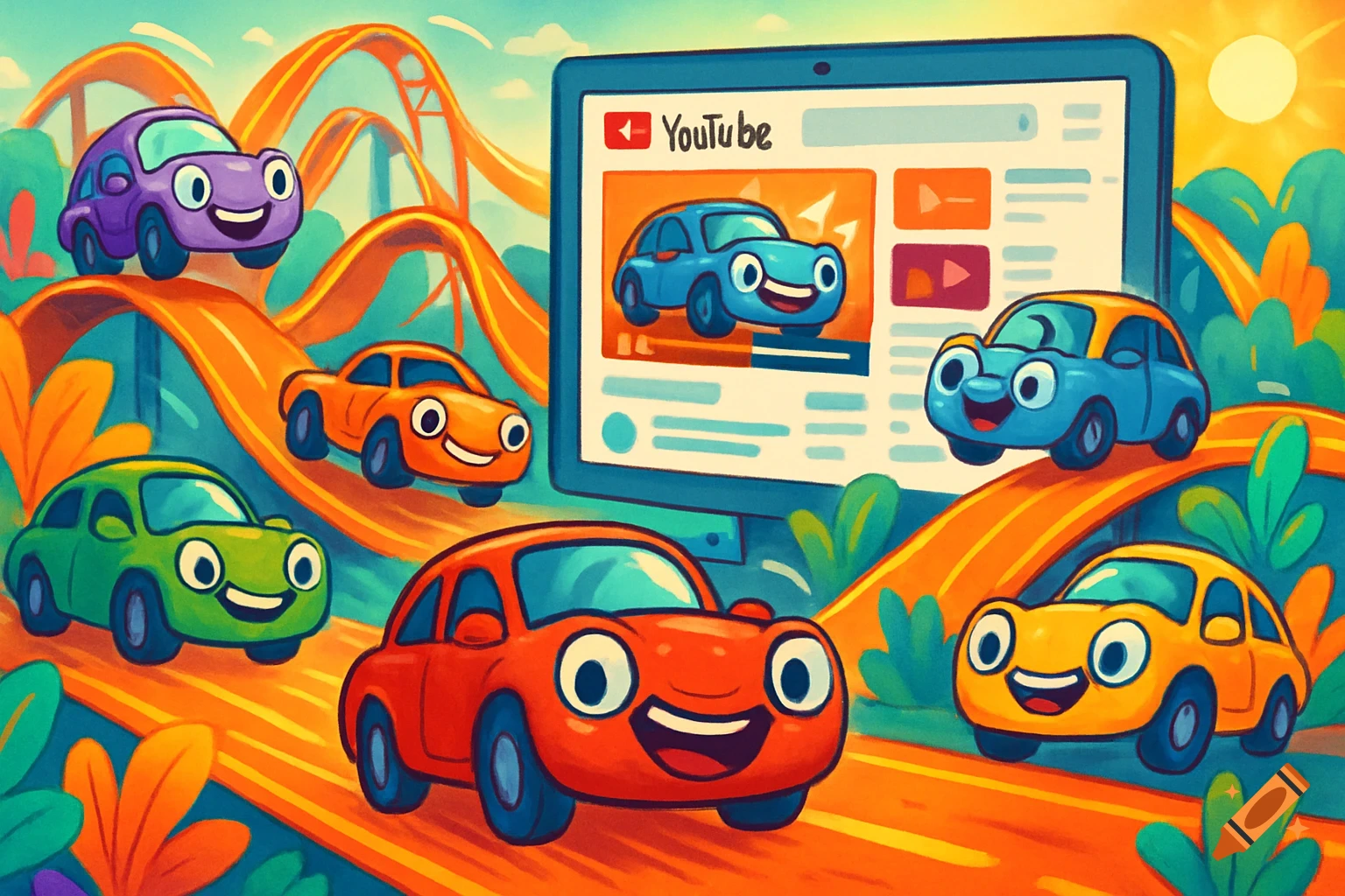 A colorful cartoon shows several smiling cars on winding orange roads with a large monitor displaying YouTube videos of cars.