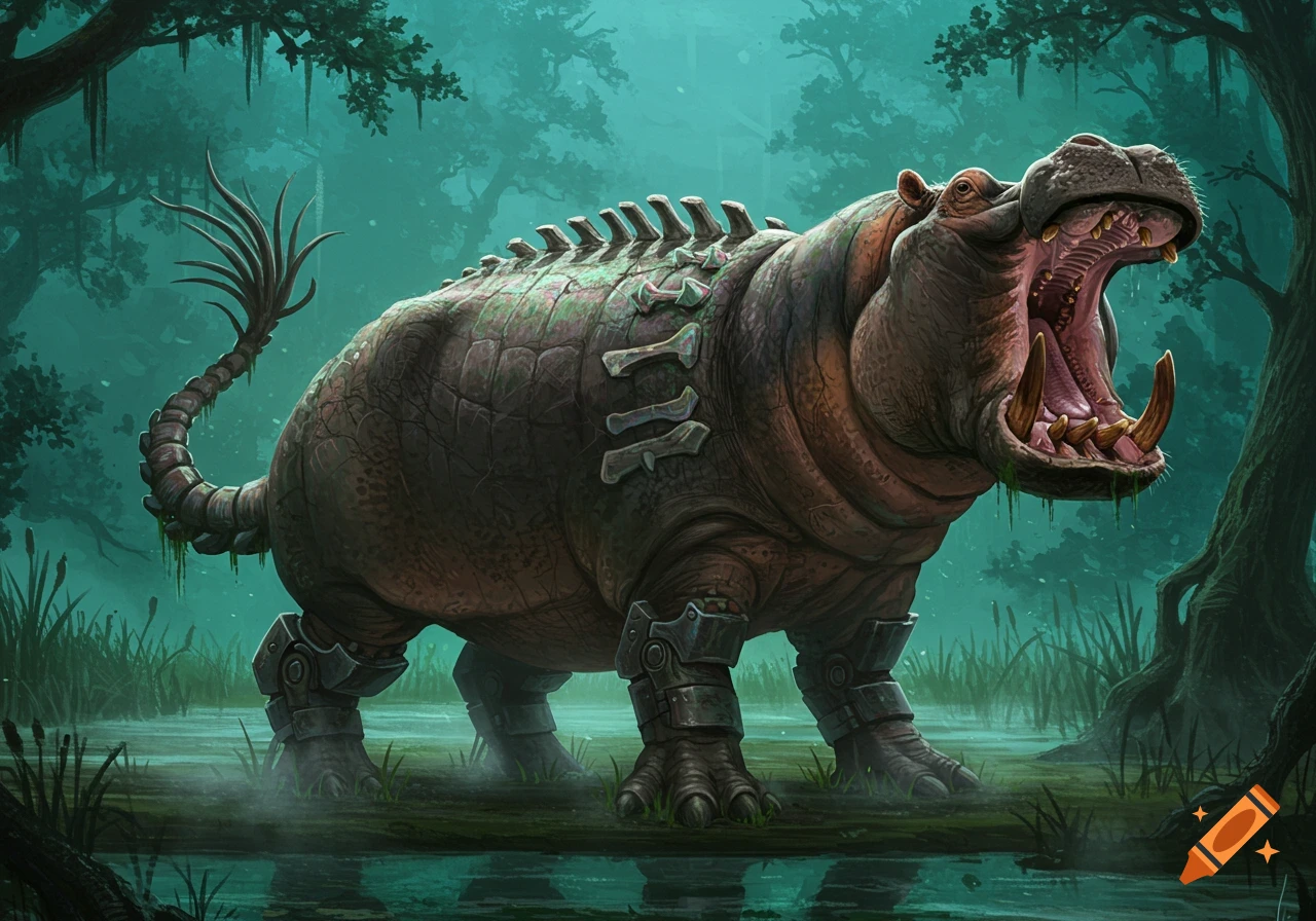 A monstrous hippopotamus-like creature with bone ridges and armored legs stands in a misty swamp, digital art.