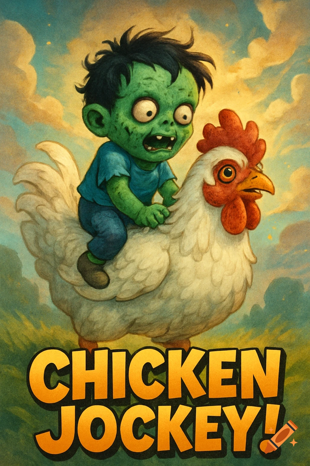 A cartoon zombie baby riding a white chicken with the text "CHICKEN JOCKEY!" below, against a cloudy sky.