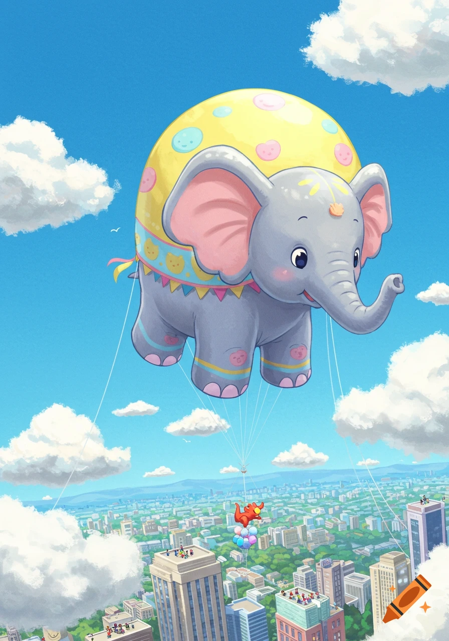 A cute cartoon elephant-shaped hot air balloon with colorful decorations floats high above a bustling city, under a bright blue sky.
