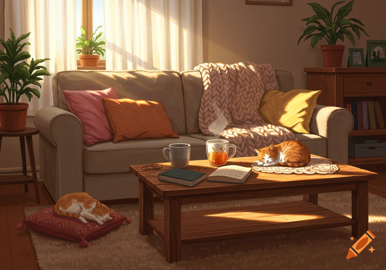 A cozy sunlit living room with two sleeping orange and white cats, a sofa, and a coffee table with books and mugs.