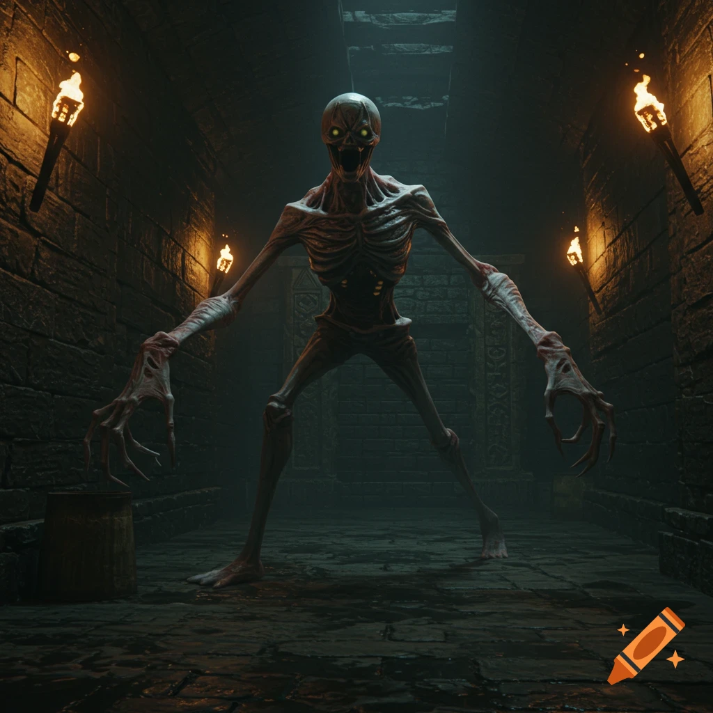 A gaunt, skeletal monster with glowing eyes and long clawed fingers stands in a dark, torch-lit stone dungeon, looking menacingly forward.