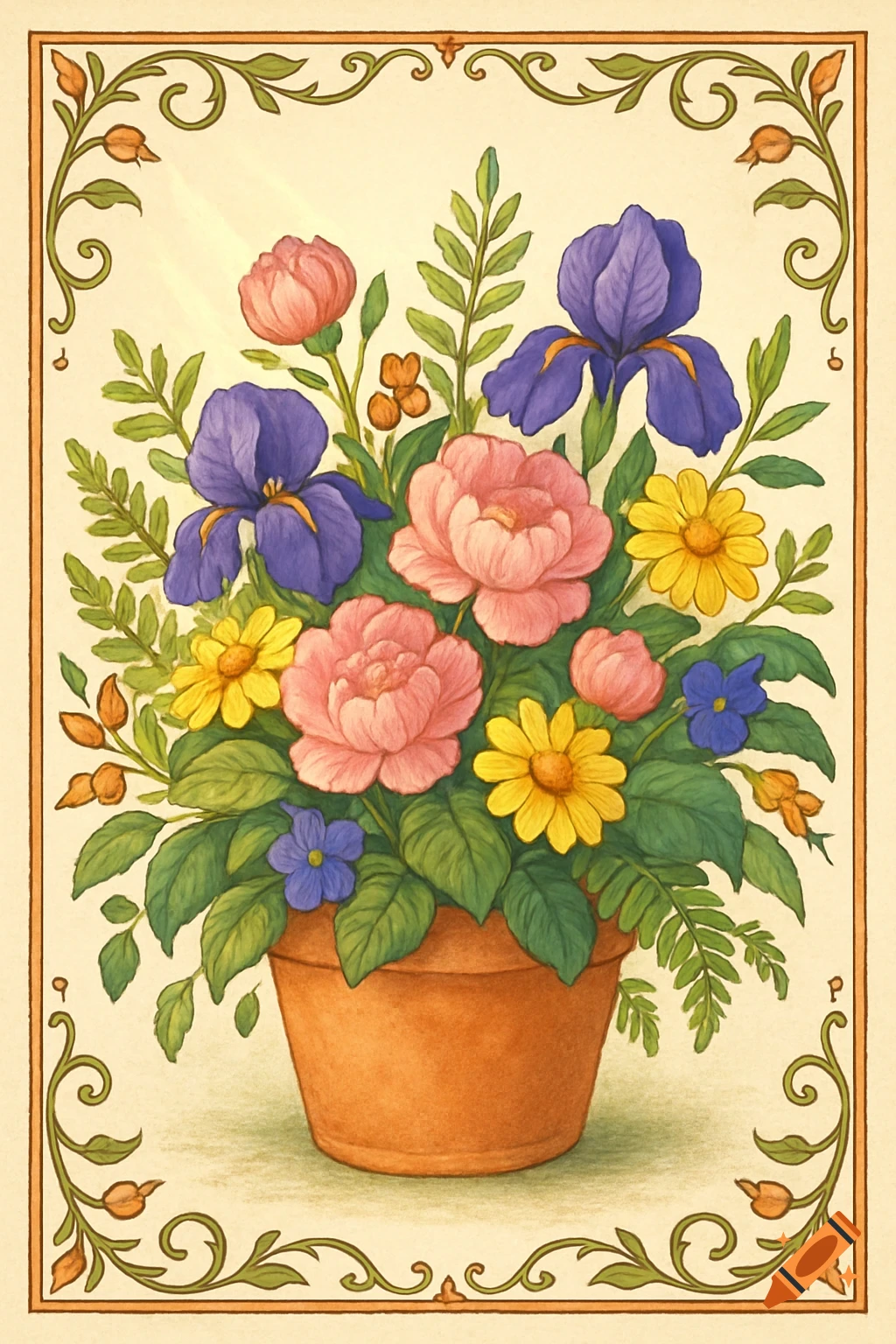 A colorful botanical illustration of a terracotta pot with pink peonies, purple irises, and yellow daisies, framed by an ornate border.