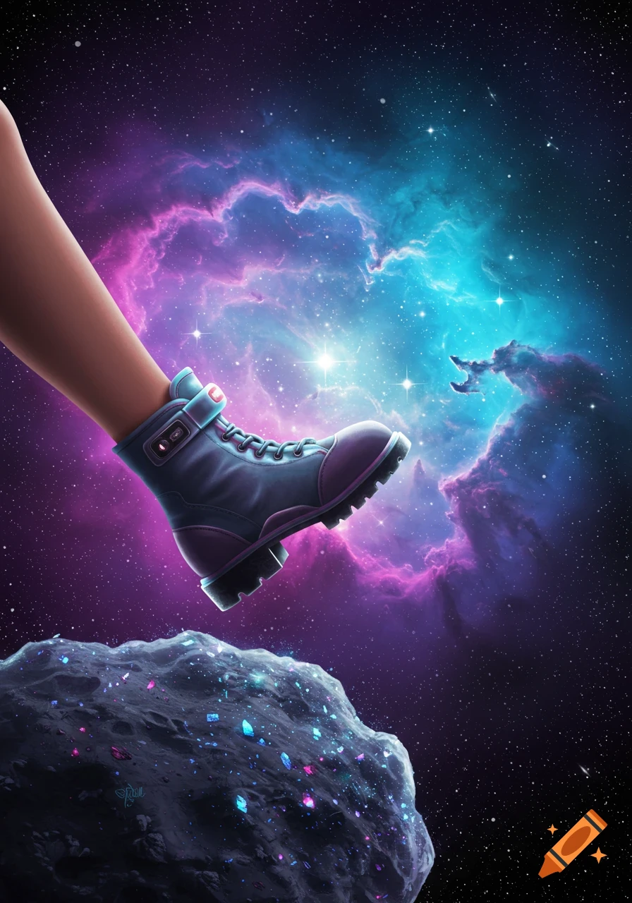 A leg wearing a blue-grey boot steps on a crystal-studded asteroid in a vibrant purple and blue nebula space scene.
