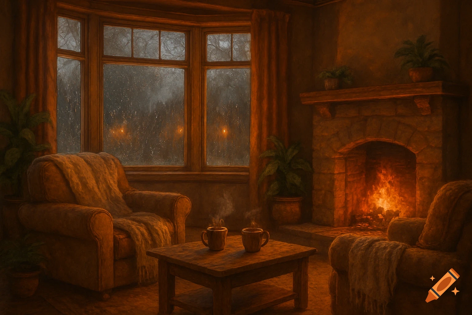 A cozy living room features a lit stone fireplace, two armchairs with blankets, a coffee table with two steaming mugs, and a large window looking out at a dark, rainy landscape.