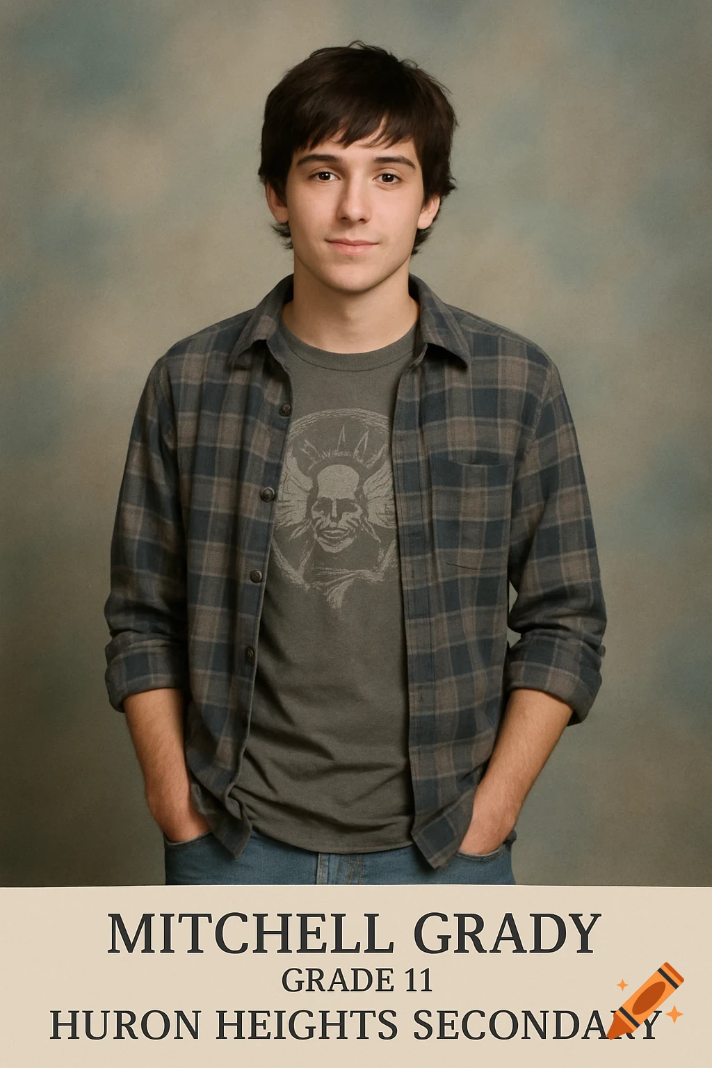 Yearbook portrait of Mitchell Grady, a grade 11 student from Huron Heights Secondary, wearing a plaid shirt and t-shirt, against a soft background.