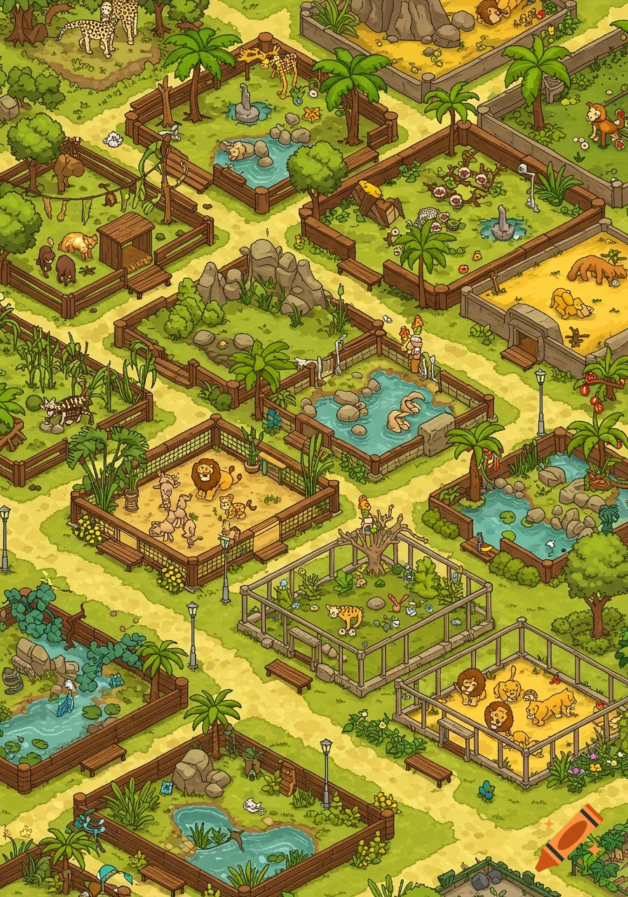 Detailed isometric cartoon depicting a zoo layout with various animal habitats, pathways, and lush greenery.