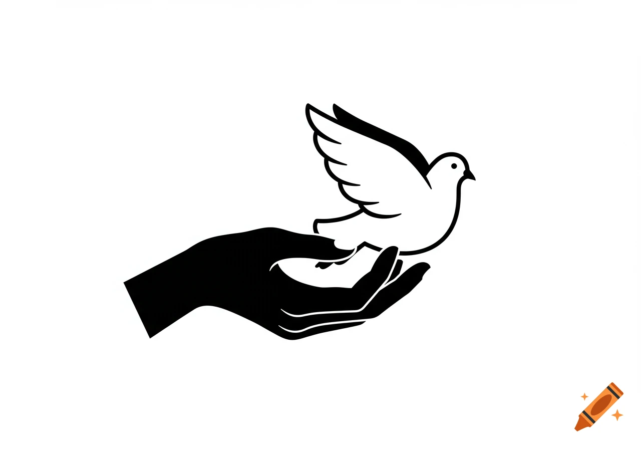 A black and white illustration of a stylized hand gently holding a white dove taking flight.