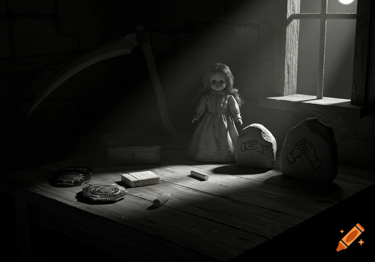 Black and white still life of a Victorian doll, scythe, police badge, and engraved stones on a dark wooden table.