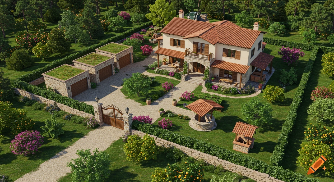 Aerial view of a photorealistic Mediterranean-style villa with a terraced roof, surrounded by a large landscaped garden, stone walls, gravel paths, and multiple green-roofed garages.