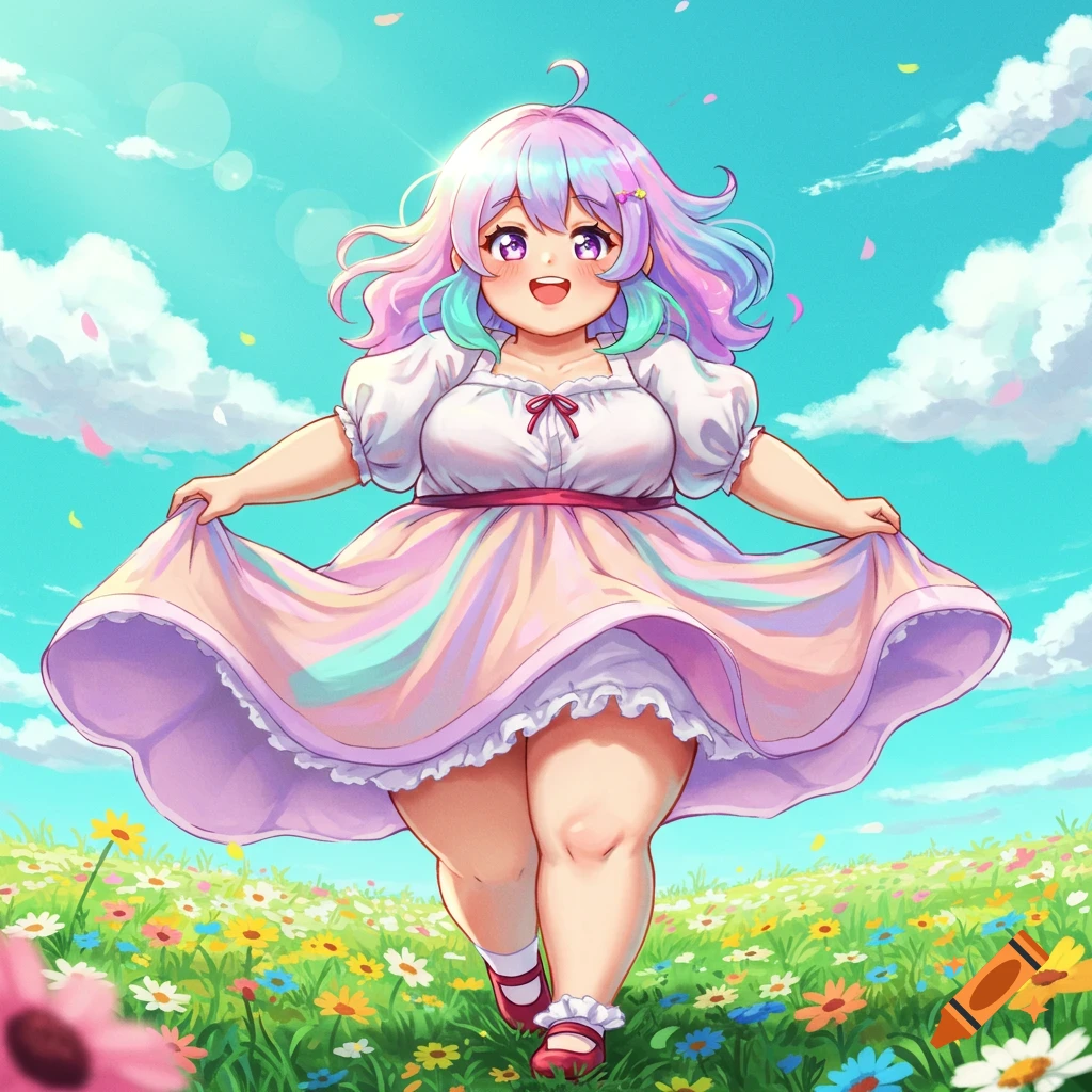 A cheerful chubby anime girl with pastel rainbow hair, wearing a white and pastel striped dress, skips through a vibrant flower field under a sunny blue sky.