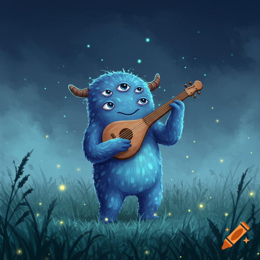 A cute, furry blue monster with multiple eyes and small horns, standing in a grassy field at night, playing a stringed instrument that resembles a lyre, with fireflies glowing around it.