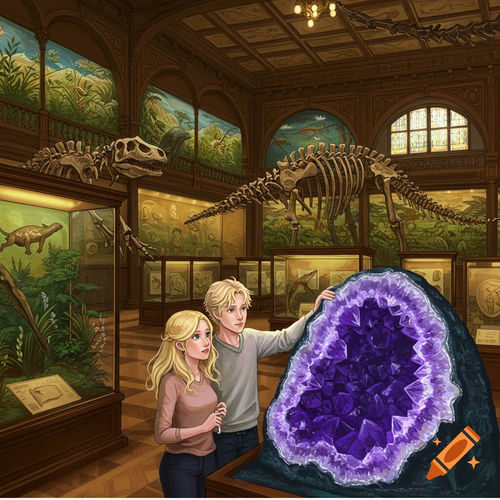 A blond man and woman gaze at a large purple amethyst geode in a natural history museum with dinosaur skeletons and dioramas.