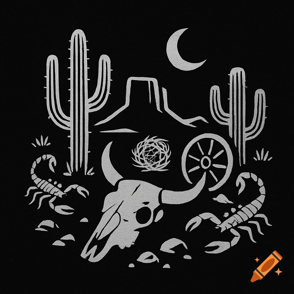 Silver metallic silhouette of western desert elements on a black background, featuring a bull skull, scorpions, cacti, mesa, moon, and wagon wheel.