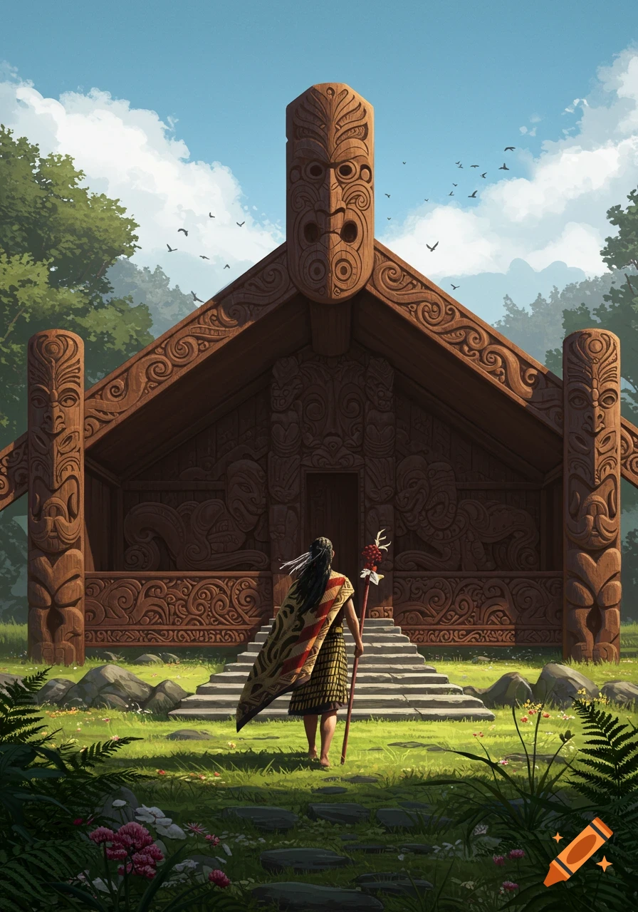 A person in traditional attire approaches a richly carved wooden Maori marae in a lush landscape under a blue sky, in an illustrated style.