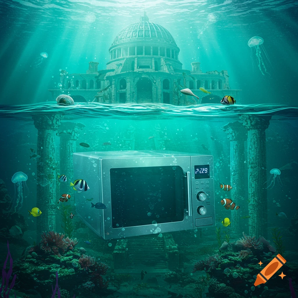 A photorealistic image of a microwave floating amongst fish and coral, with ancient Atlantean ruins in the background under clear teal water.