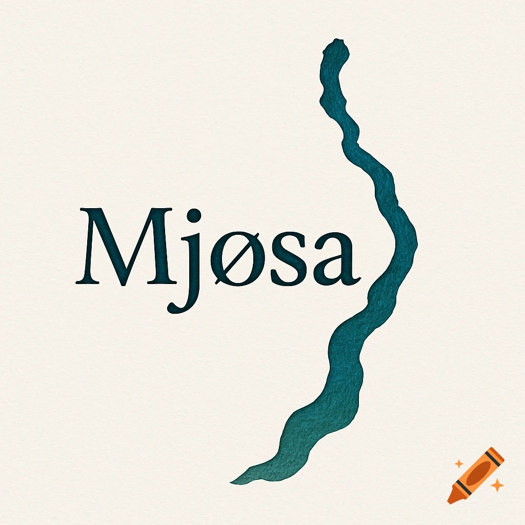 Minimalist logo featuring the word "Mjøsa" next to a teal, wavy shape representing Lake Mjøsa on a light textured background.