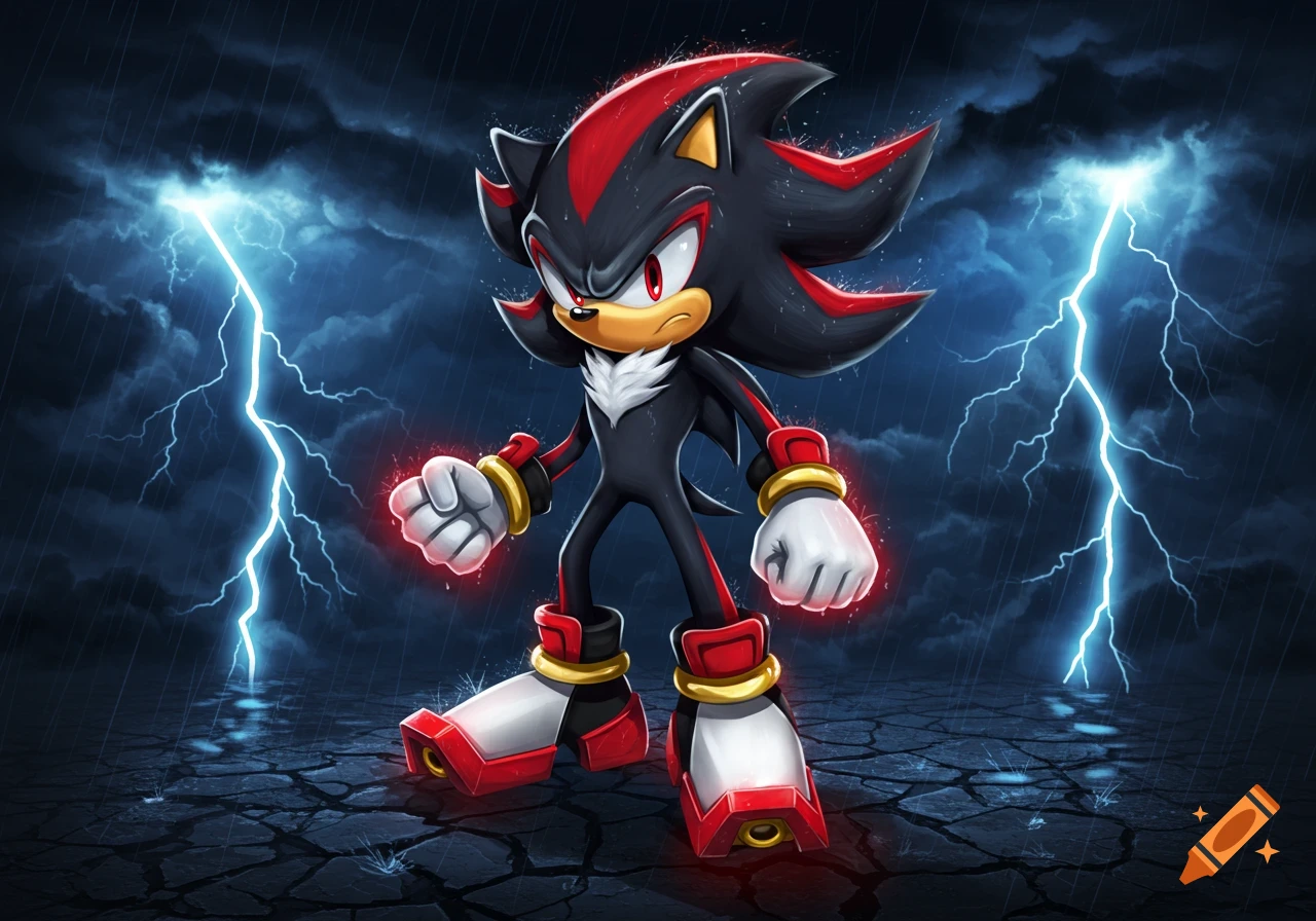 Shadow the Hedgehog stands defiantly as lightning strikes behind him on cracked ground under a dark, stormy sky.
