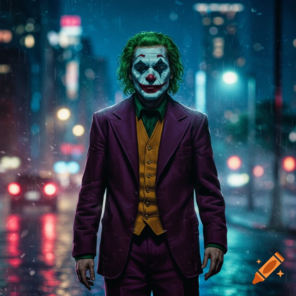 Photorealistic portrait of the Joker with green hair and clown makeup, wearing a purple suit and yellow vest on a rainy city street at night.