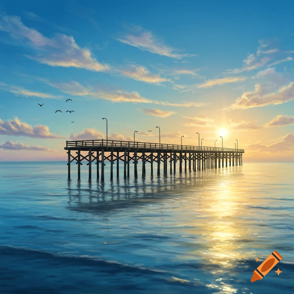 A wooden pier extends into the calm ocean water under a vibrant sunset sky with scattered clouds and birds flying.