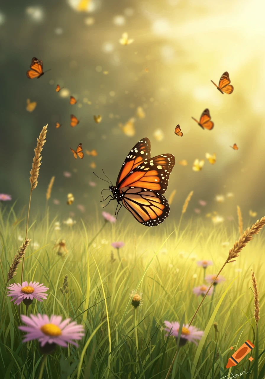 A vibrant monarch butterfly flies in a sunlit field with green grass, pink flowers, and other butterflies, in a beautiful digital painting style.