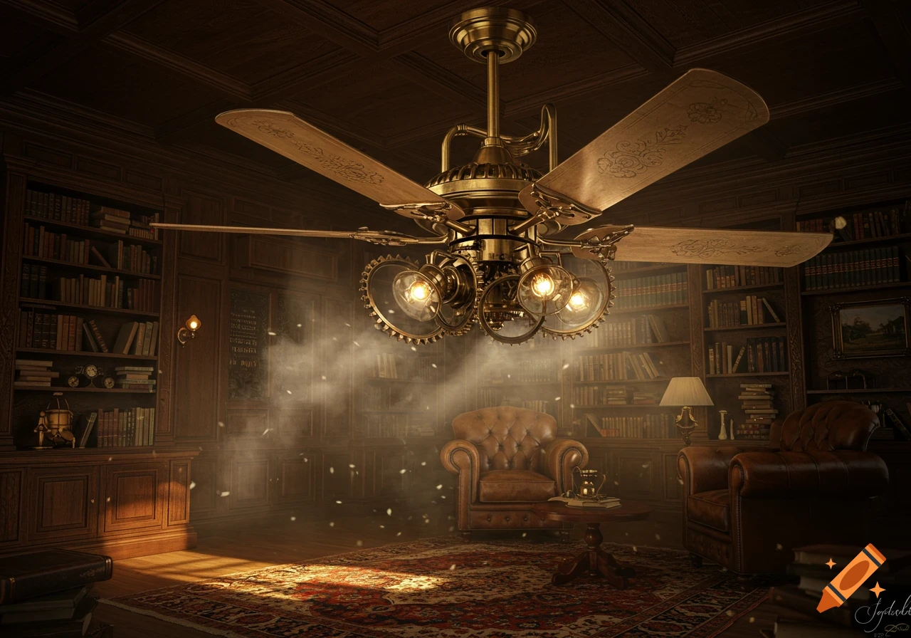 An ornate brass steampunk ceiling fan with gears and bulbs illuminates a dimly lit library with bookshelves and leather armchairs.