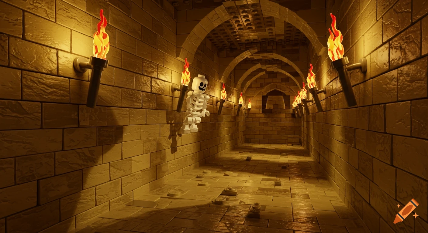 A Lego sandstone brick hallway with a skeleton hanging from the wall and glowing torches.