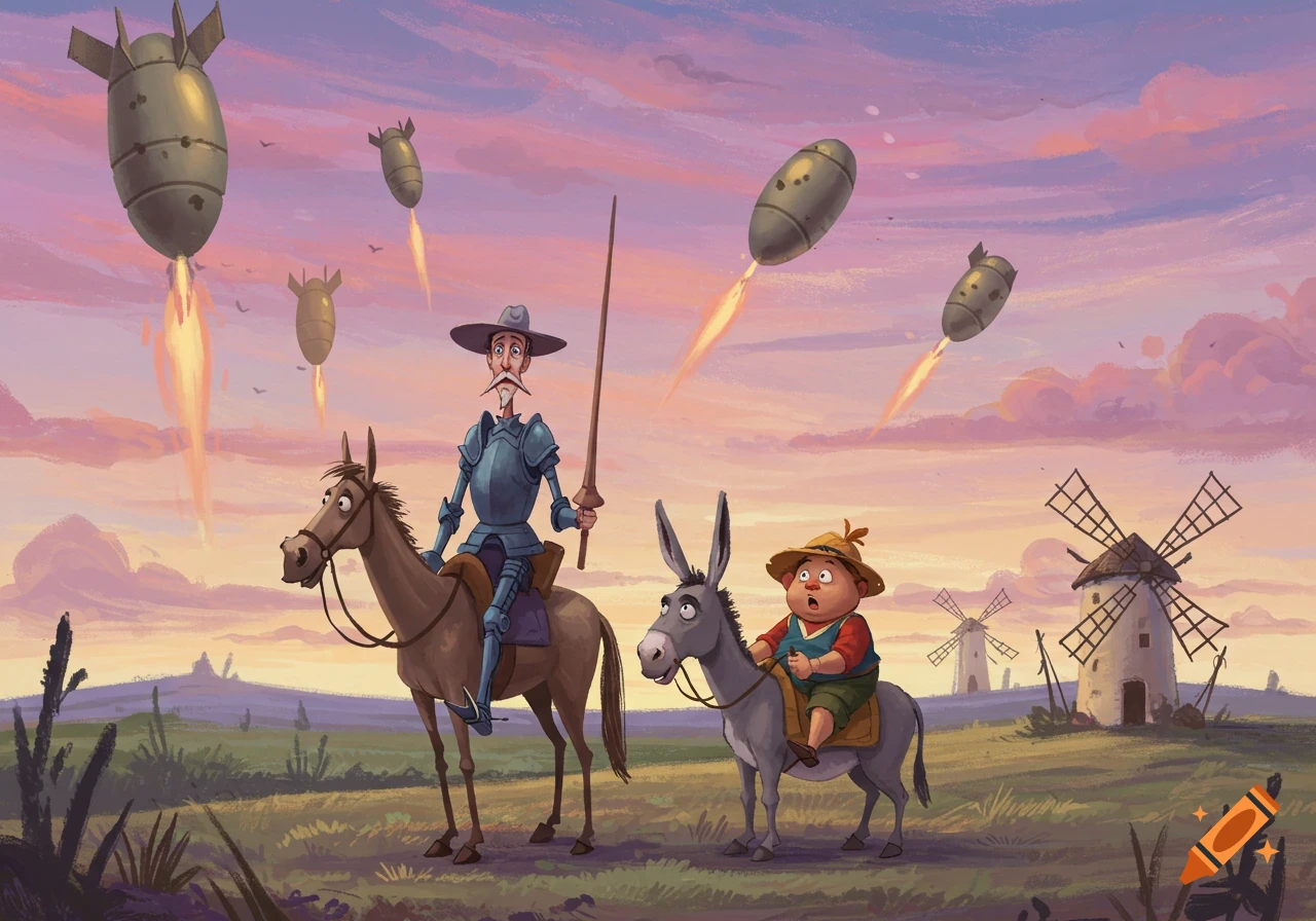 Don Quixote and Sancho Panza on horseback and donkey, gazing at rocket-powered bombs flying across a surreal sunset sky with windmills.