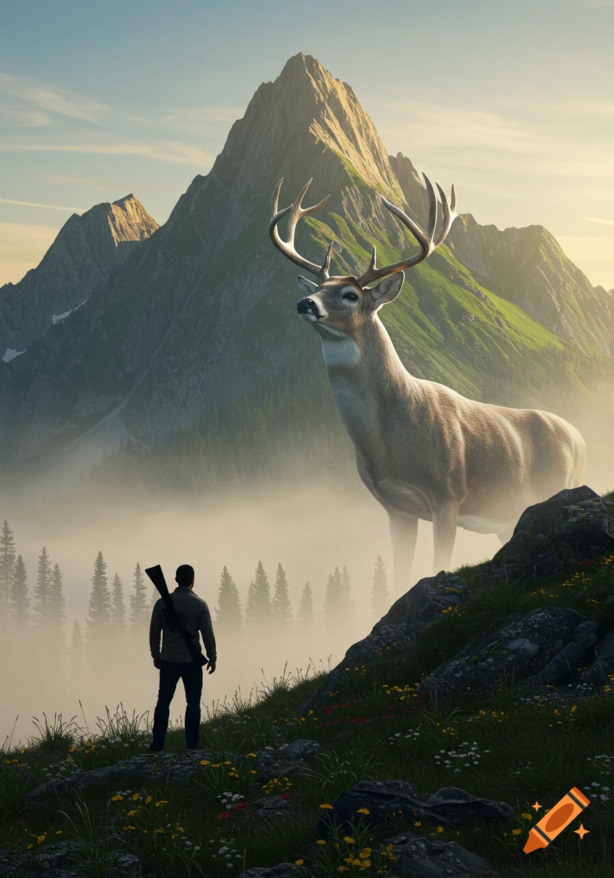 A man with a rifle on a misty mountain slope looks up at a giant deer with large antlers, set against a backdrop of towering mountains and pine trees.