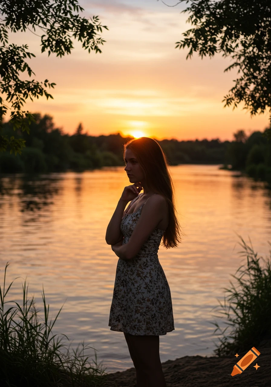 A young woman stands silhouetted by a river during sunset, with trees framing the orange sky.