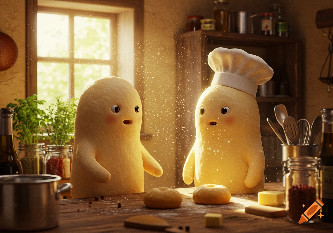 Two surprised, dough-like characters, one wearing a chef hat, stand in a rustic, sunlit kitchen with flour in the air.