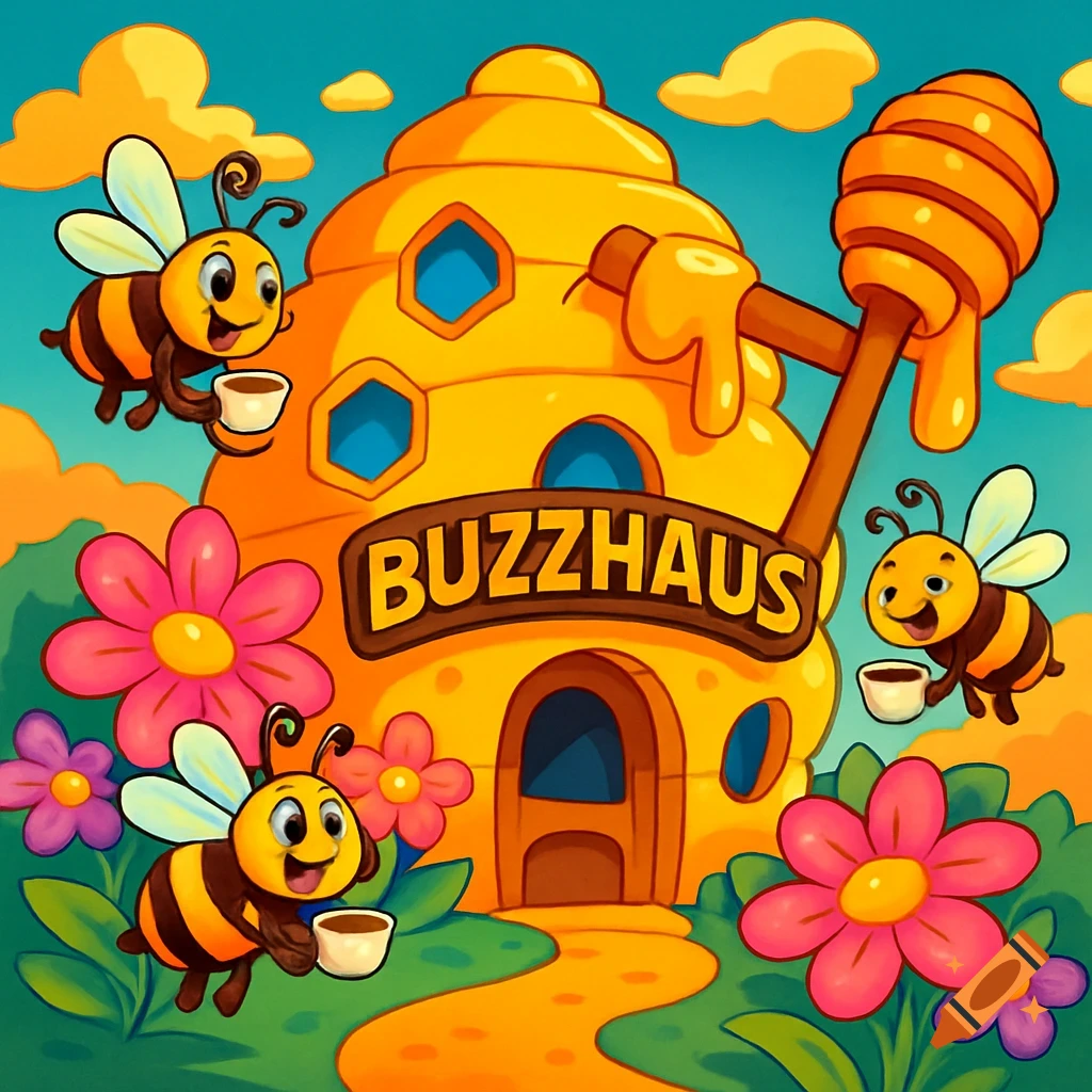 A colorful cartoon beehive with a 'BUZZHAUS' sign, surrounded by happy bees, vibrant flowers, and a giant honey dipper.