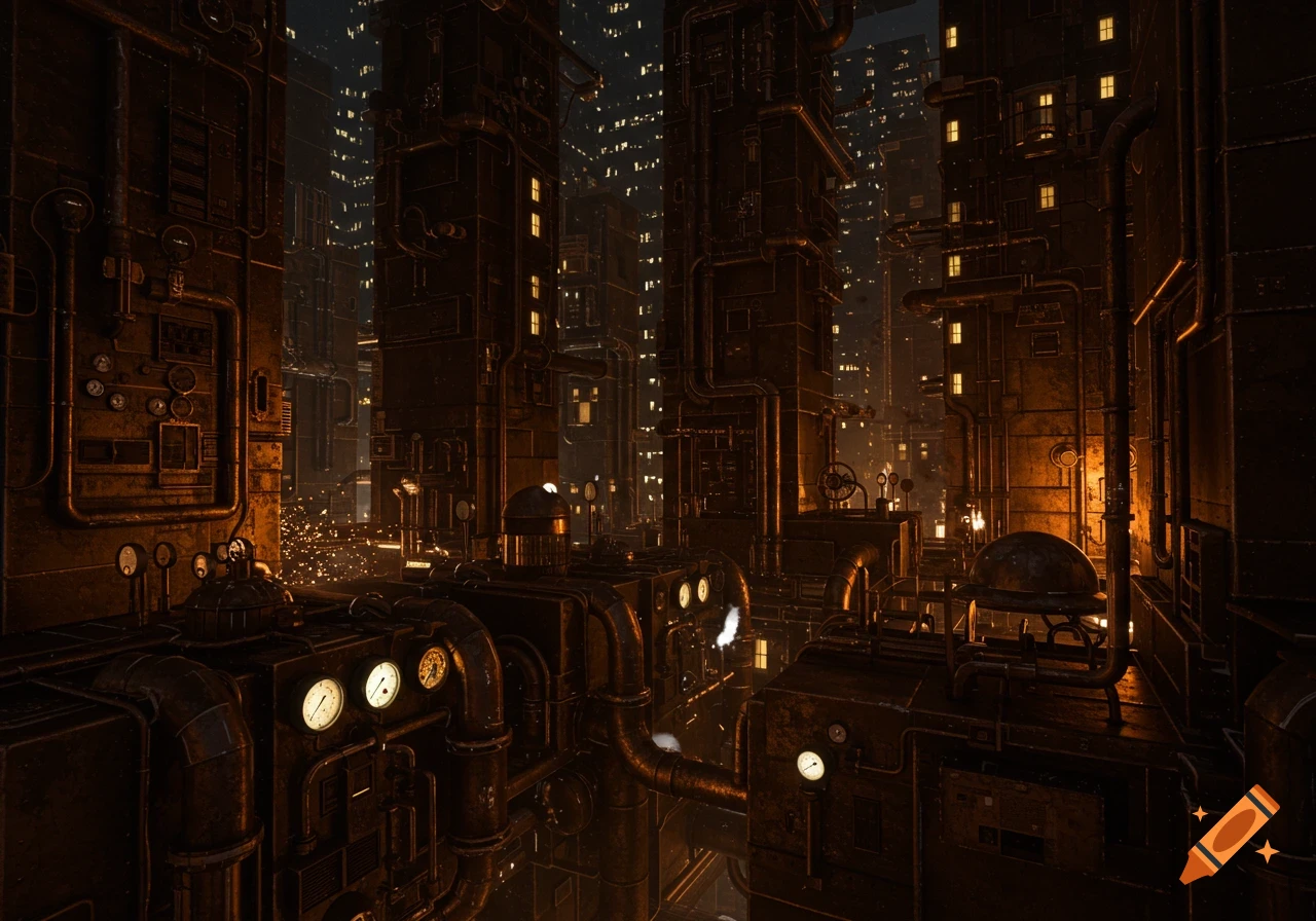Dark, steampunk city at night with tall, bronze skyscrapers covered in pipes and glowing windows.