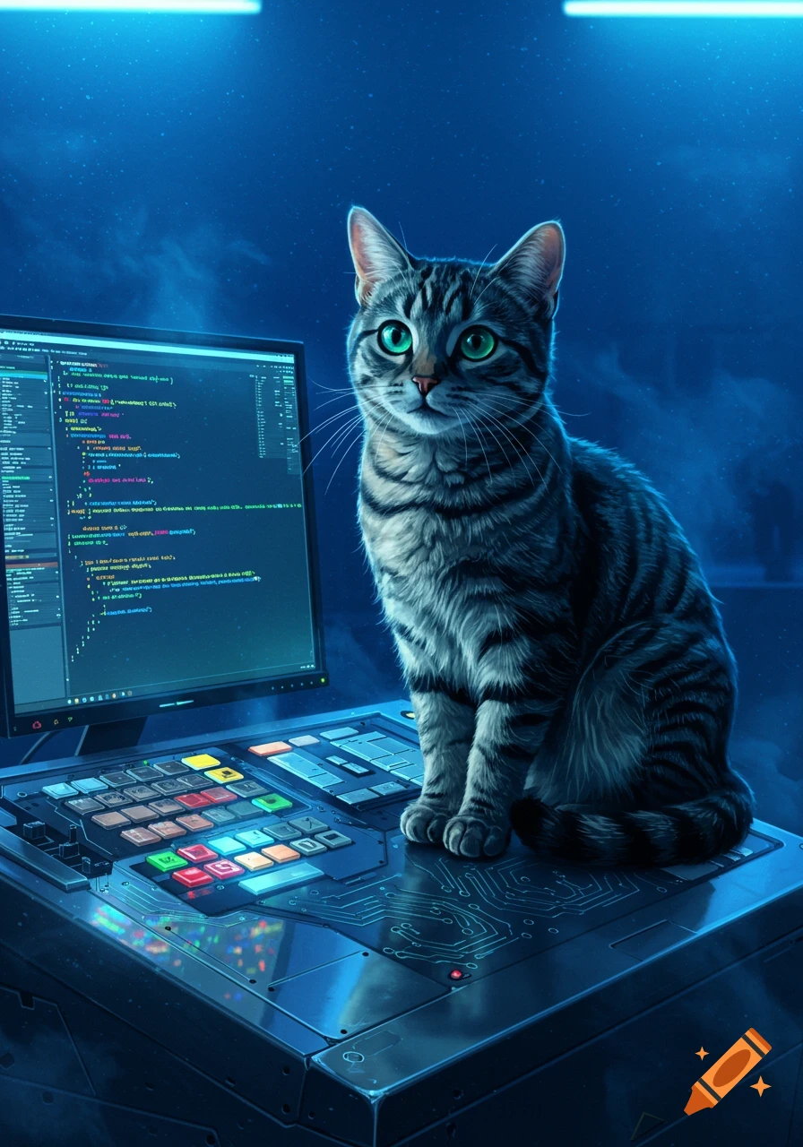A photorealistic cat with green eyes sits on a futuristic computer console with a monitor displaying garbled code, against a dark blue background.