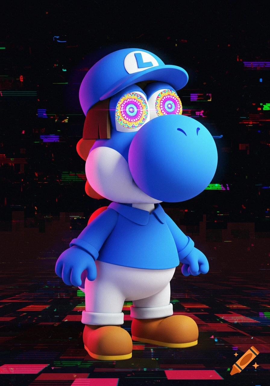 A blue Yoshi wearing a blue Luigi hat, blue shirt, white pants, and brown shoes, with colorful psychedelic eyes, stands against a dark, glitching background.