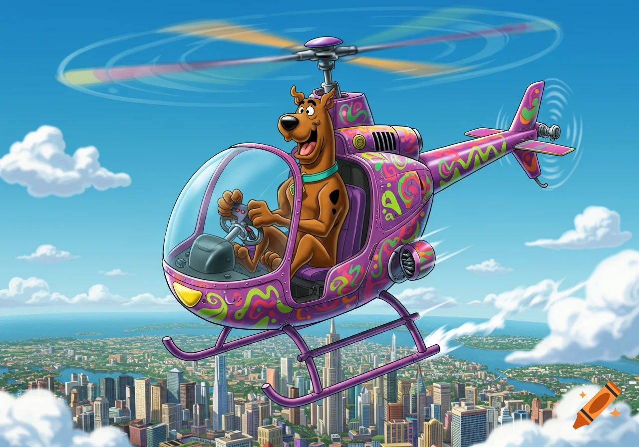 Scooby Doo happily flies a purple, patterned helicopter over a sprawling city under a bright blue sky.